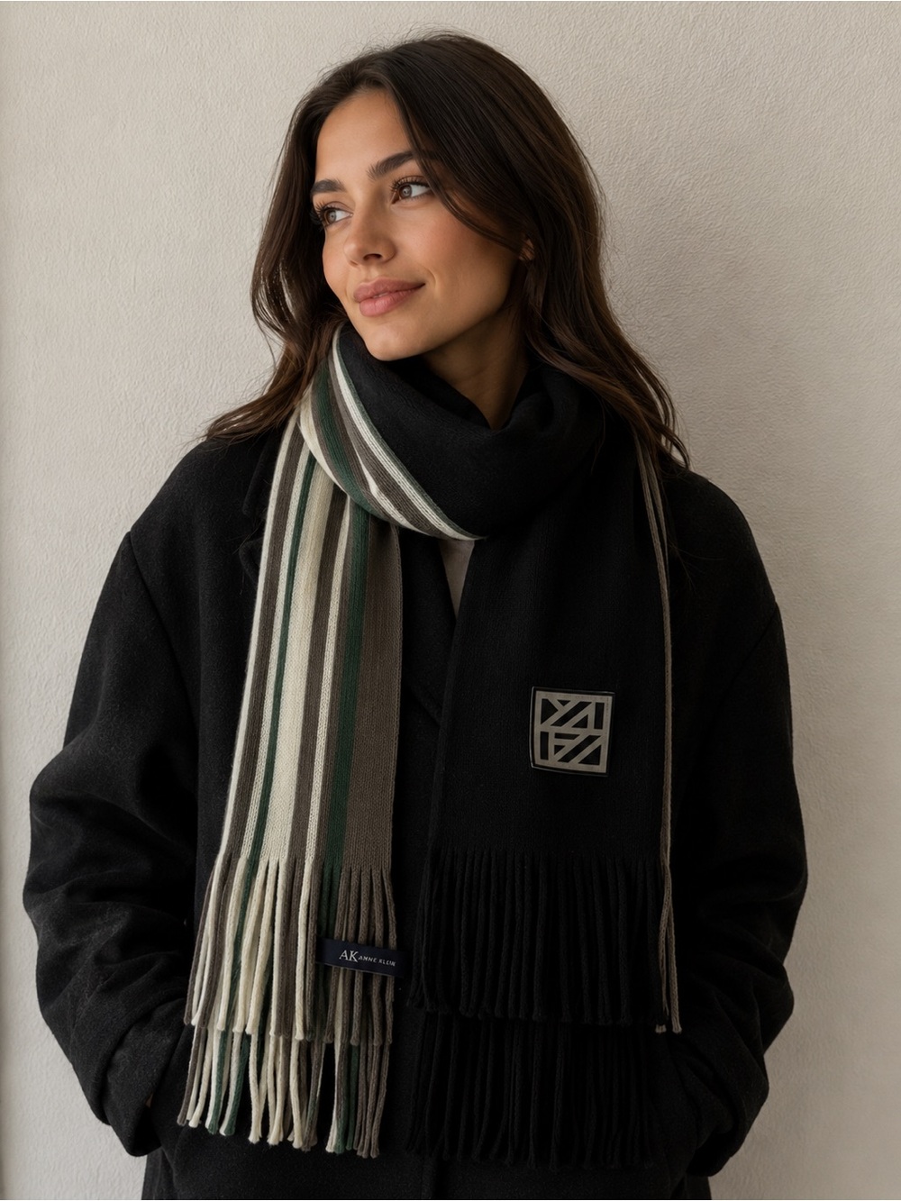Anne Klein Black Scarf with Green, Cream & Gray Stripes